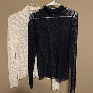 2 Free People Sweet Memories lace turtlenecks.  Cream and black size large.